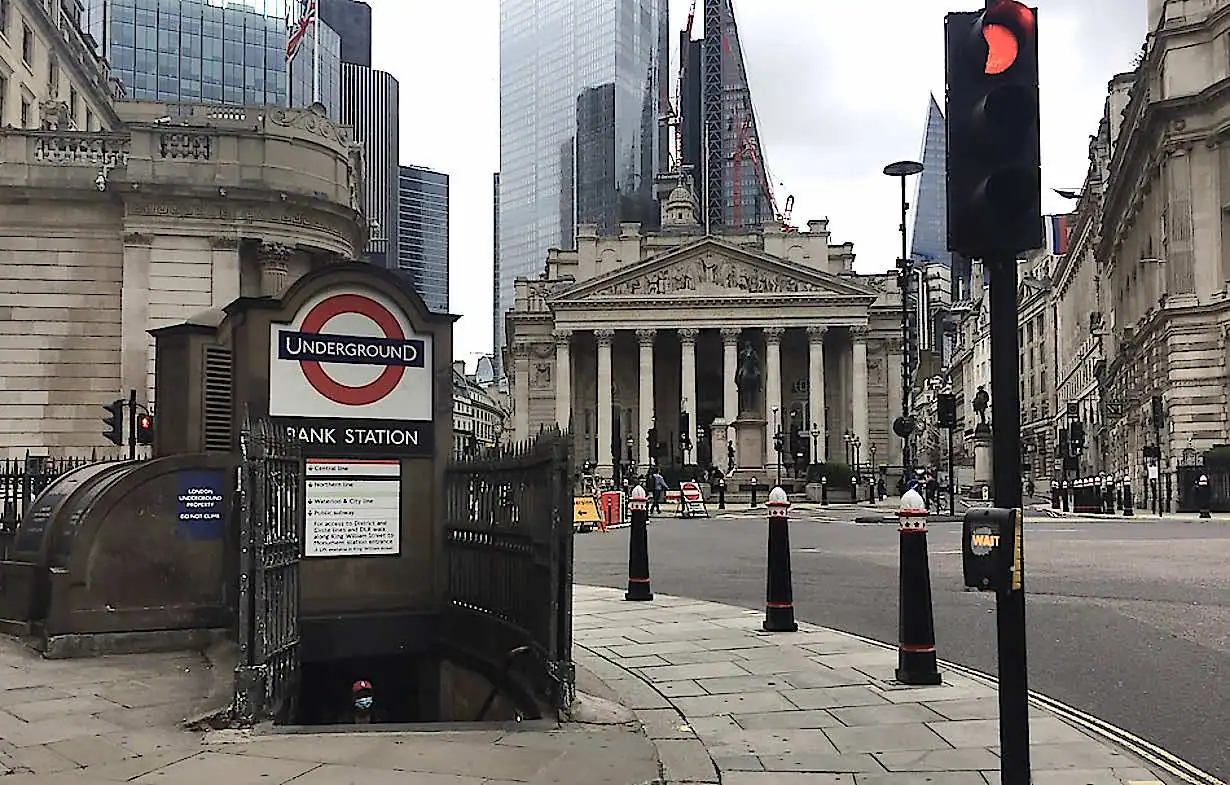 Entrance to Bank station and the Royal Exchange