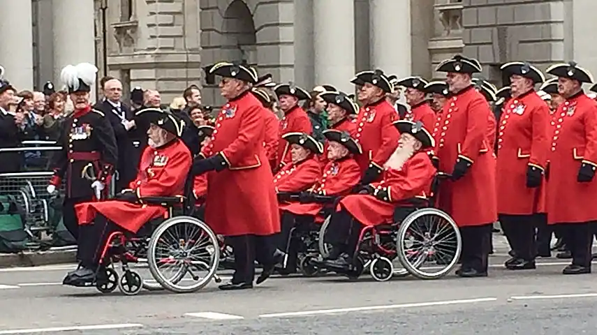 Chelsea Pensioners parading past the Cenotaph