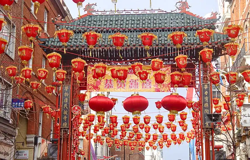 Chinatown gateway decorated with red lanterns