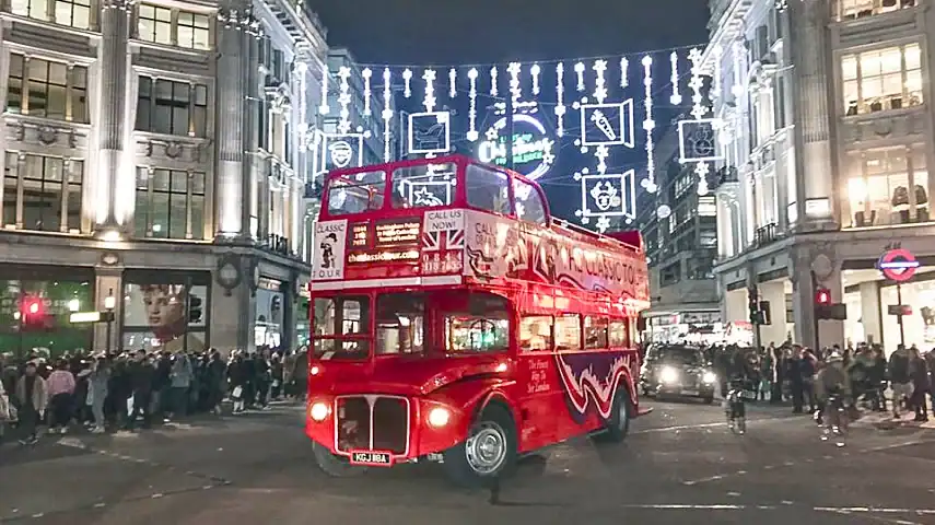 The red Routemaster bus and Oxford Street lights