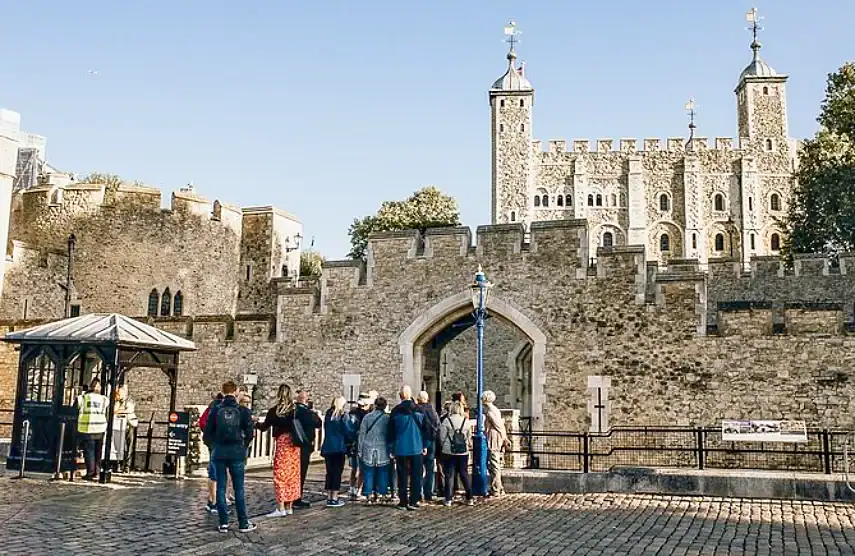 Entering the Tower of London with the White Tower behind