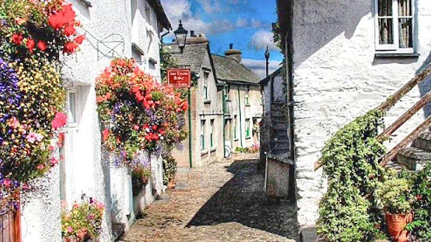 The whitewashed cottages in Hawkshead village