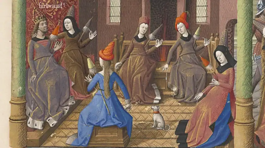 Noblewomen spinning silk, from Les Fais et les Dis des Romains et de autres gens