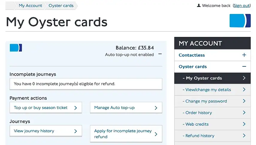 TFL’s Oyster website